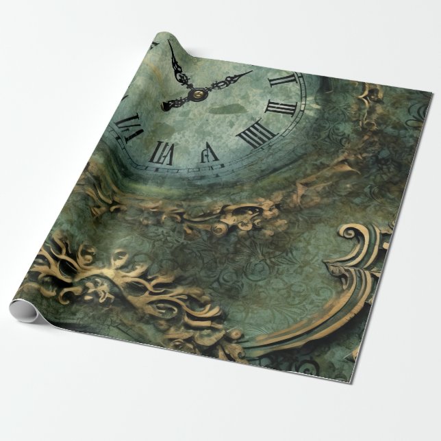 Papier Cadeau Horloge Steampunk Rustique Vert Émeraude (Déroulé)