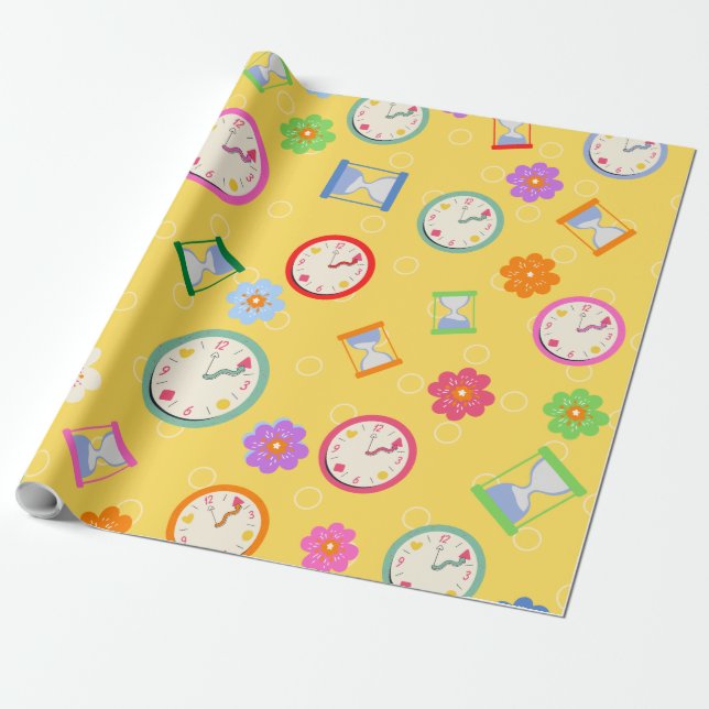 Papier Cadeau Horloges adorables et fleurs motif (Déroulé)