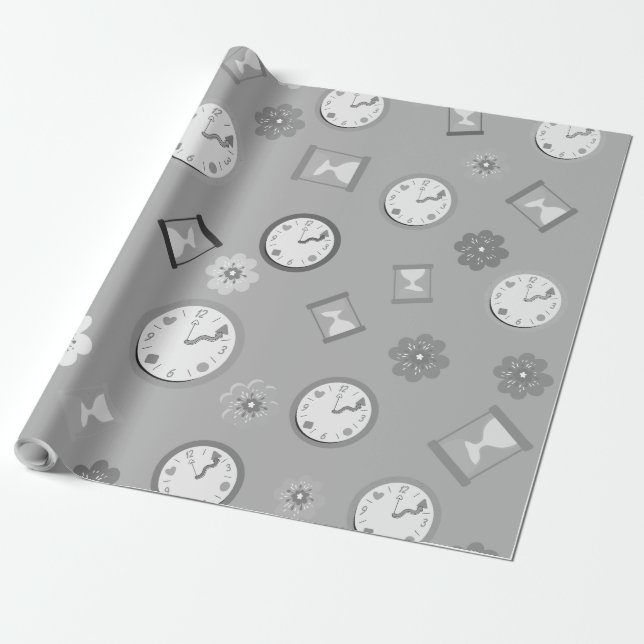 Papier Cadeau Horloges et fleurs gris cool anniversaire (Déroulé)