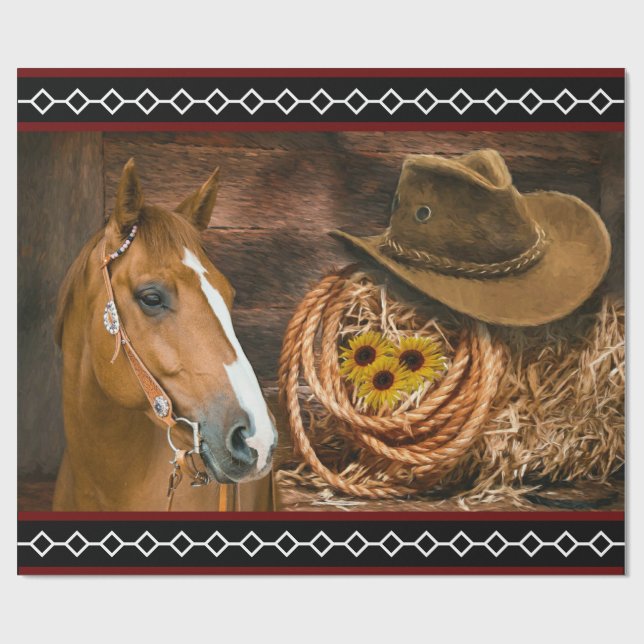 Papier Cadeau Horse cowboy Hat Lasso Western (Plat)