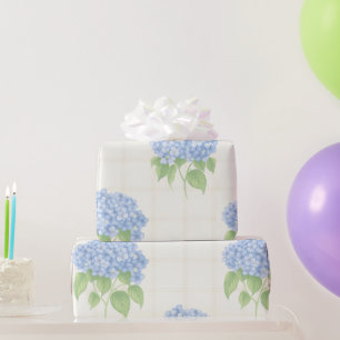 Papier Cadeau   Hortensia Bleu   Carreaux Ivoire L