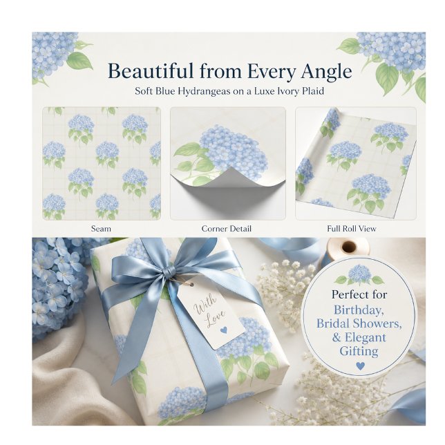 Papier Cadeau | Hortensia Bleu | Carreaux Ivoire L (blue-hydrangea-gift-wrap-seam-detail-luxe-floral-wrapping-paper-for-birthdays-bridal-showers)