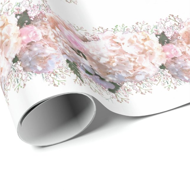 Papier Cadeau Hortensias romantiques blancs roses, fleurs blanch (Coin rond)