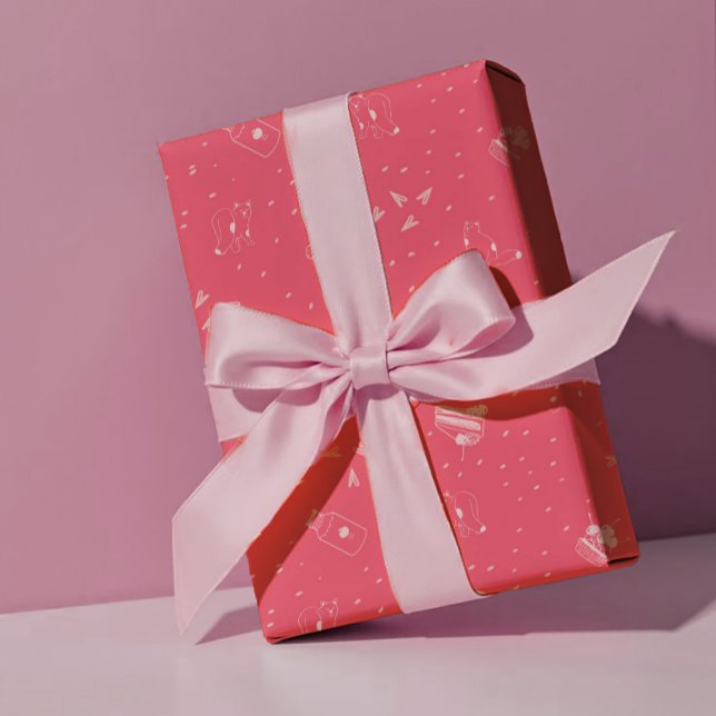 Papier Cadeau Hot Pink Cats, Cake & Cherries - Valentine (Créateur téléchargé)