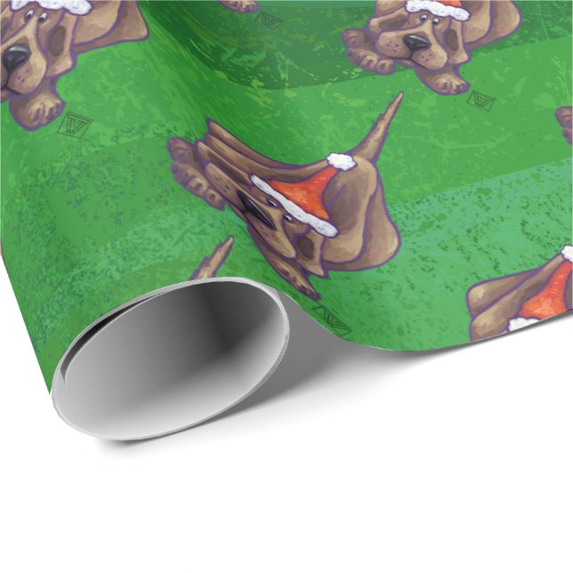 Papier Cadeau Hound Chien Noël sur Green (Coin rond)