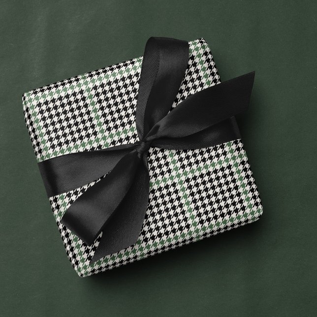 Papier Cadeau Houndstooth classique vacances noir vert élégant (Créateur téléchargé)