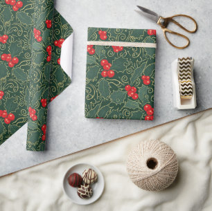 Papier Cadeau Houx à filigrane doré et vert foncé ID1220