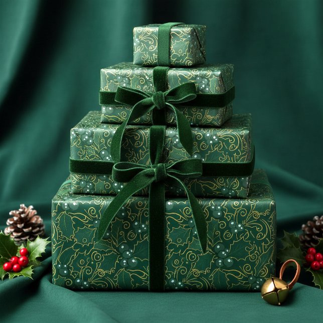 Papier Cadeau Houx à filigrane doré et vert foncé ID1220 (Créateur téléchargé)