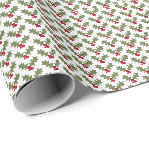 Papier Cadeau Houx de Noël Baies Rouges Feuilles Vertes