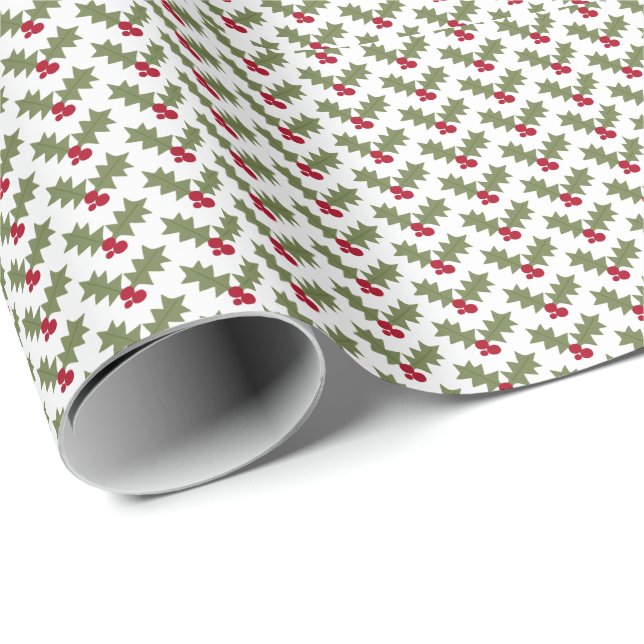 Papier Cadeau Houx de Noël Baies Rouges Feuilles Vertes (Coin rond)