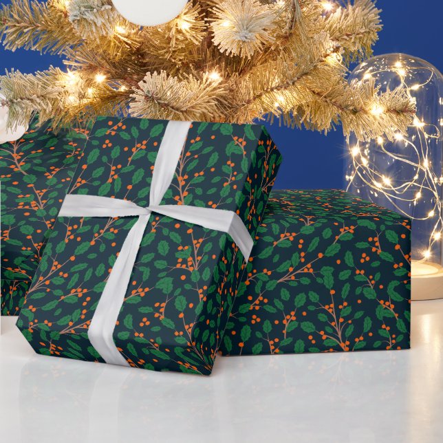 Papier Cadeau Houx de Noël Botanique Verdure Navy (Vacances)