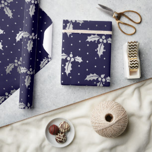 Papier Cadeau Houx de Noël élégant bleu et argenté sous feuille