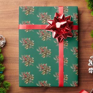 Papier Cadeau Houx de Noël élégant rouge et vert