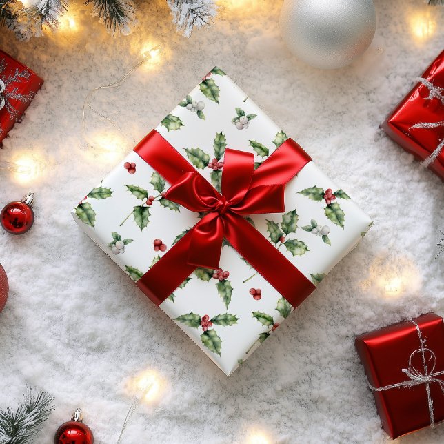 Papier Cadeau Houx de Noël et Gui (Holly Christmas Wrapping Paper)