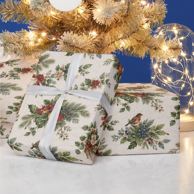 Papier Cadeau Houx de Noël traditionnel et fruits d'hiver (Vacances)
