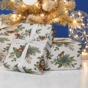 Papier Cadeau Houx de Noël traditionnel et fruits d'hiver