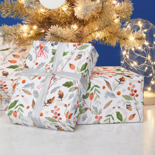 Papier Cadeau Houx et baies botaniques d'hiver