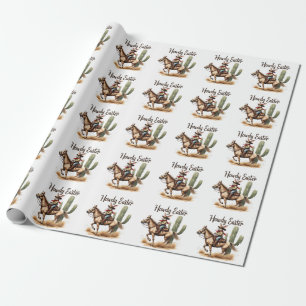 Papier Cadeau Howdy Bunny de Pâques chevauchant un Cheval Cowboy