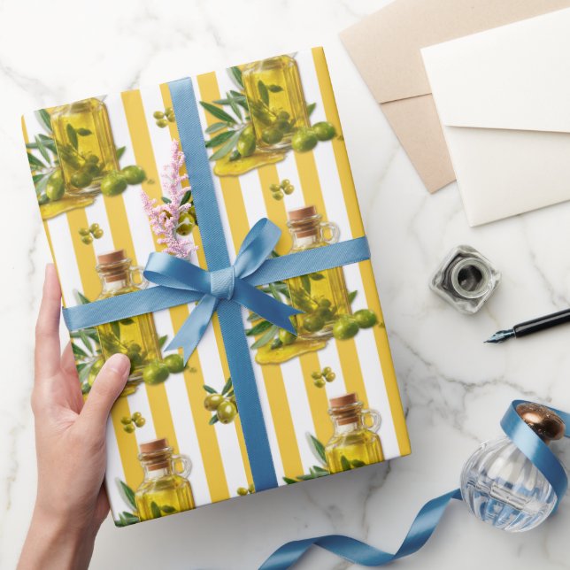 Papier Cadeau Huile d'olive à motif rayure jaune méditerranéen (Cadeaux)