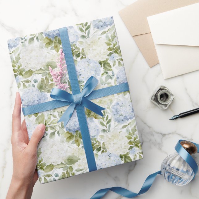 Papier Cadeau Hydrangea Blanc Bleu Mariage Floral Romantique (Cadeaux)