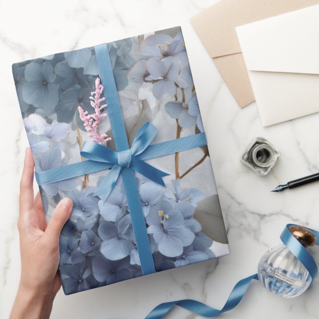 Papier Cadeau Hydrangea Bleue Douce Motif Floral Gris (Cadeaux)