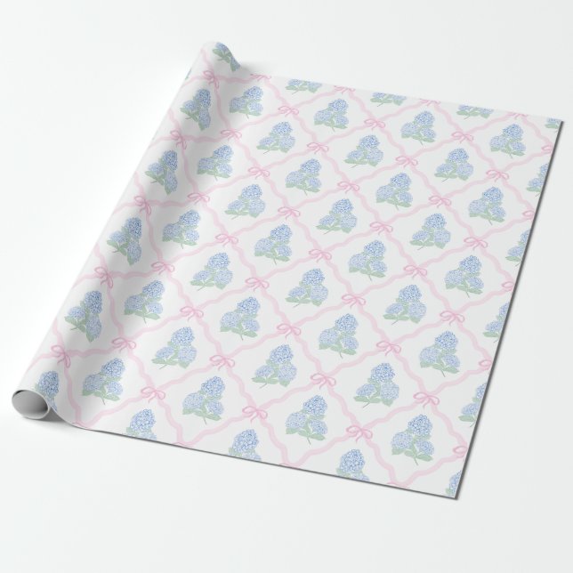 Papier Cadeau Hydrangea Bleue Prépa avec Treillis à Nœud Rose (Déroulé)