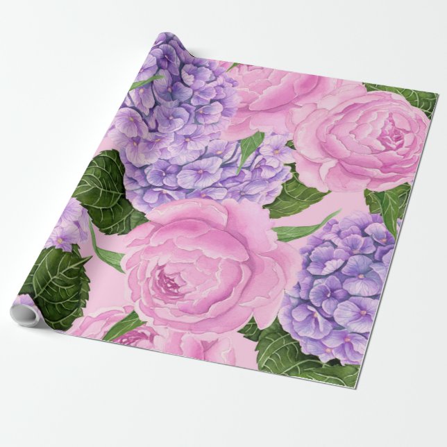 Papier Cadeau Hydrangea et motif de pivoine (Déroulé)