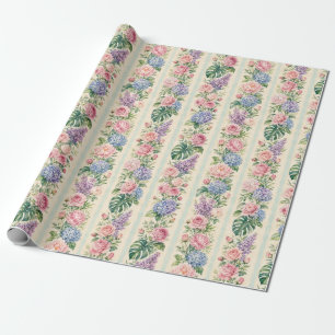 Papier Cadeau Hydrangea Rose Florale Tropicale Rayure Cadeau