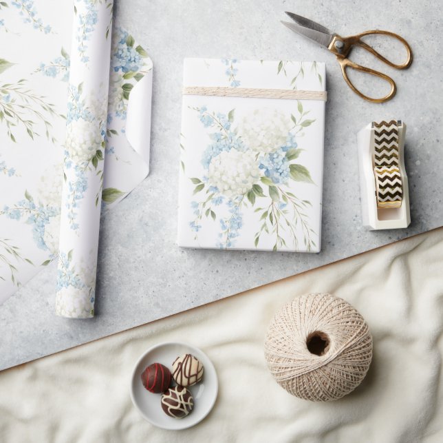 Papier Cadeau Hydrangeas Blancs Fleurs Bleues Shower Nuptial (Artisanat)