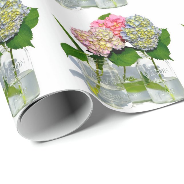 Papier Cadeau Hydrangeas et jarre de Mason (Coin rond)