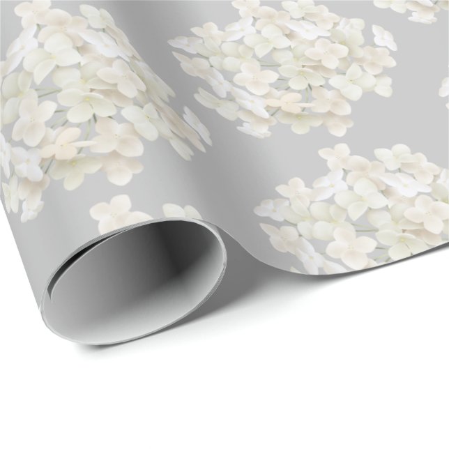 Papier Cadeau Hydrangée blanche sur argent (Coin rond)