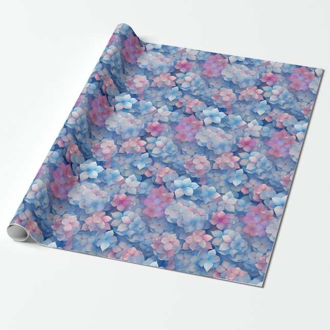 Papier Cadeau Hydrangée rose bleu florale en fleur (Déroulé)