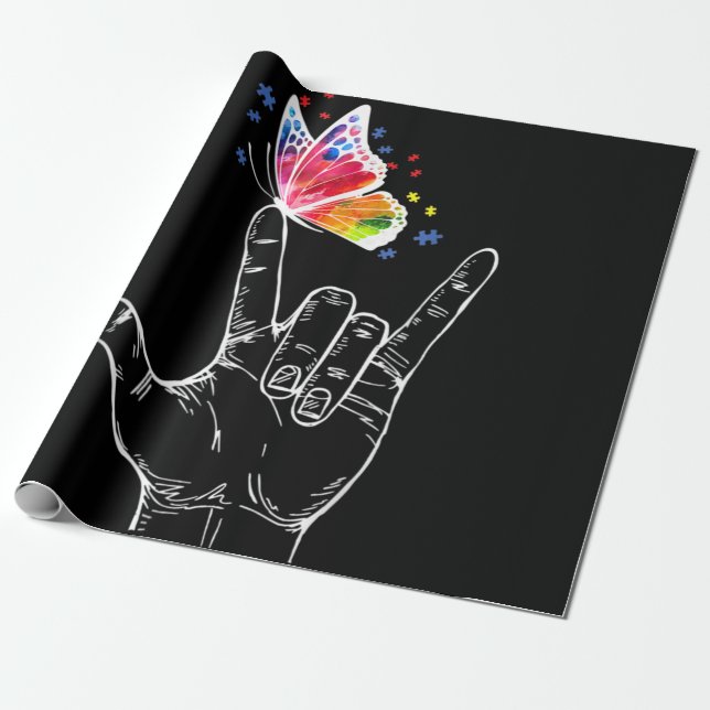 Papier Cadeau I Love You Hand Sign Language Butterfly Autism (Déroulé)