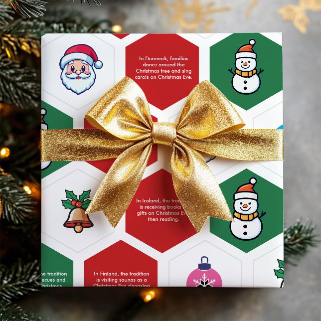Papier Cadeau Icône ornement de Noël Hexagon Père Noël Tree Snow (Christmas Hexagon Santa Tree Snowman Ornament Icon Wrapping Paper)