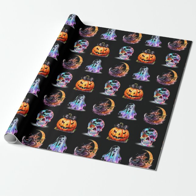 Papier Cadeau Icônes conviviales Grille Halloween Black Fun Holi (Déroulé)
