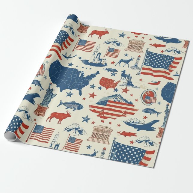 Papier Cadeau Icônes patriotiques - Statue de la Liberté, Drapea (Déroulé)