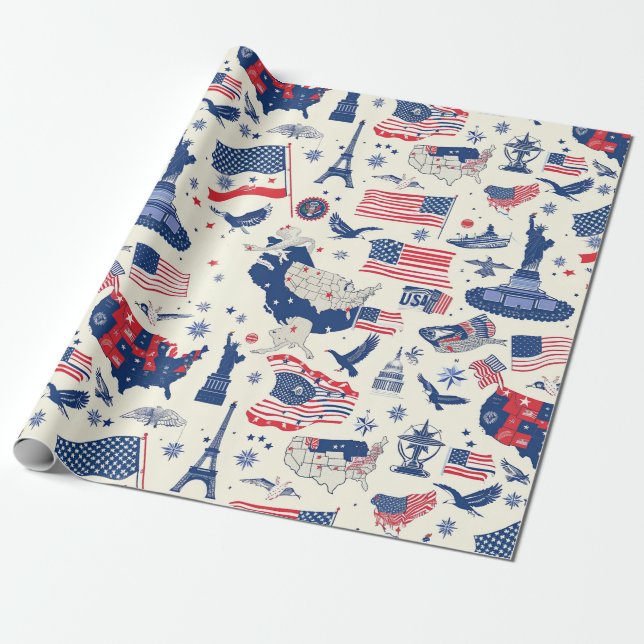 Papier Cadeau Icônes patriotiques - Statue de la Liberté, Drapea (Déroulé)