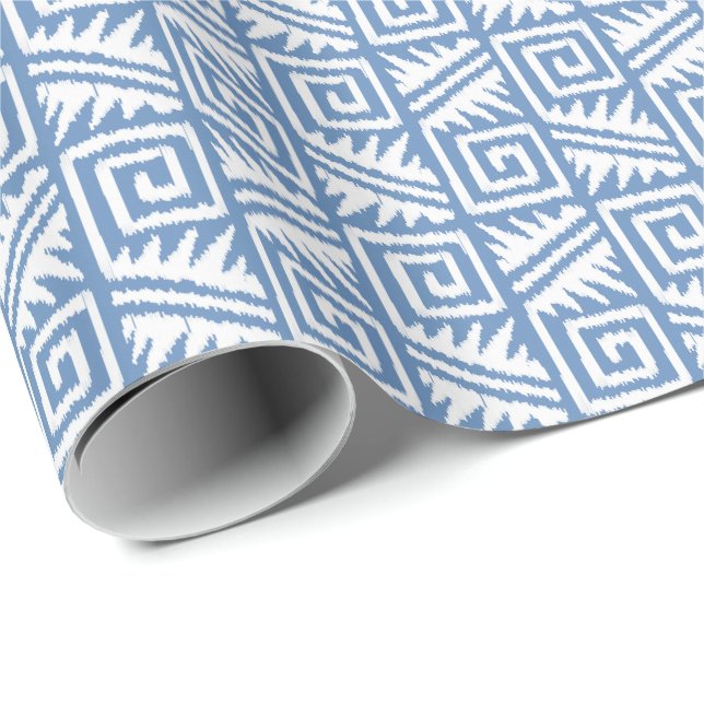 Papier Cadeau Ikat Aztec Tribal - Ciel bleu et blanc (Coin rond)