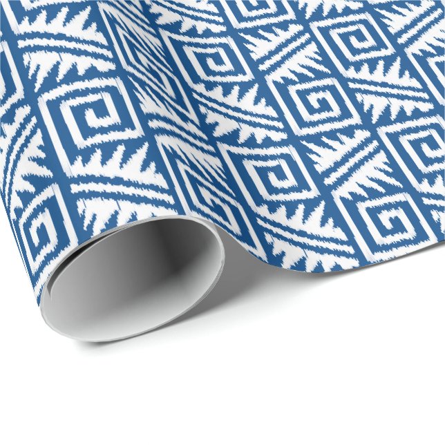 Papier Cadeau Ikat Aztec Tribal - Cobalt bleu et blanc (Coin rond)