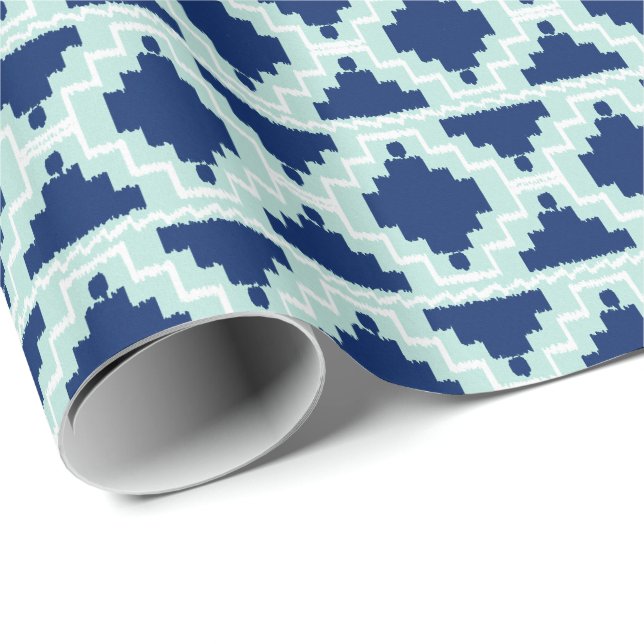 Papier Cadeau Ikat Aztec Tribal - Indigo et bleu clair (Coin rond)