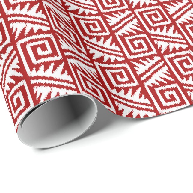 Papier Cadeau Ikat Aztec Tribal - Rouge foncé et blanc (Coin rond)