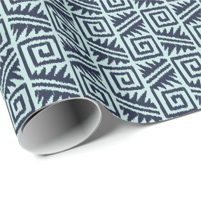Papier Cadeau Ikat Aztèque Tribal - Indigo et Bleu Clair (Coin rond)