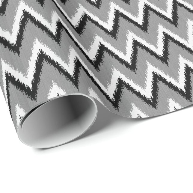 Papier Cadeau Ikat Chevron Gris / Gris, Noir & Blanc (Coin rond)