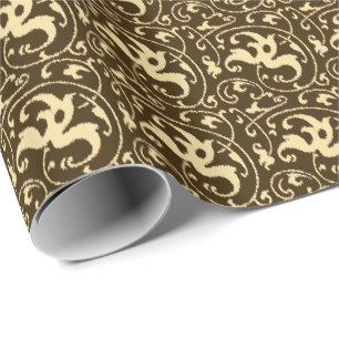 Papier Cadeau Ikat floral damas - marron chocolat et beige