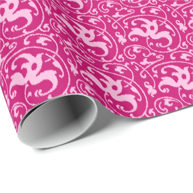 Papier Cadeau Ikat Floral Damask - Fuchsia et rose pâle (Coin rond)