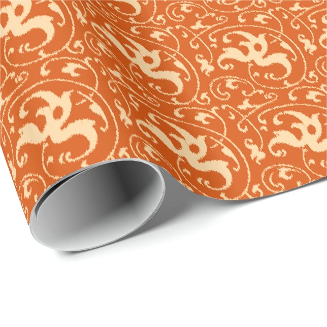 Papier Cadeau Ikat Floral Damask - Mandarin Orange (Coin rond)