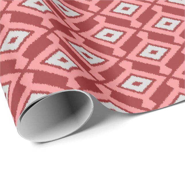 Papier Cadeau Ikat Motif - Bourgogne, gris et corail (Coin rond)