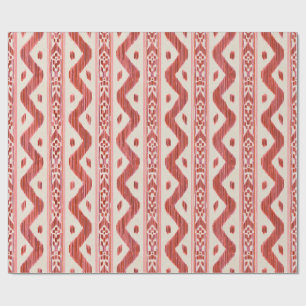 Papier Cadeau Ikat Rouge Brique, Rayure Tissée sur Crème