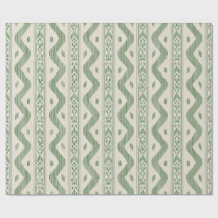 Papier Cadeau Ikat Vert de Mousse, Rayure Tissée sur Crème