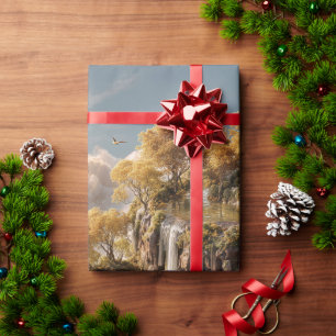 Papier Cadeau Îles flottantes surréalistes avec des arbres dorés